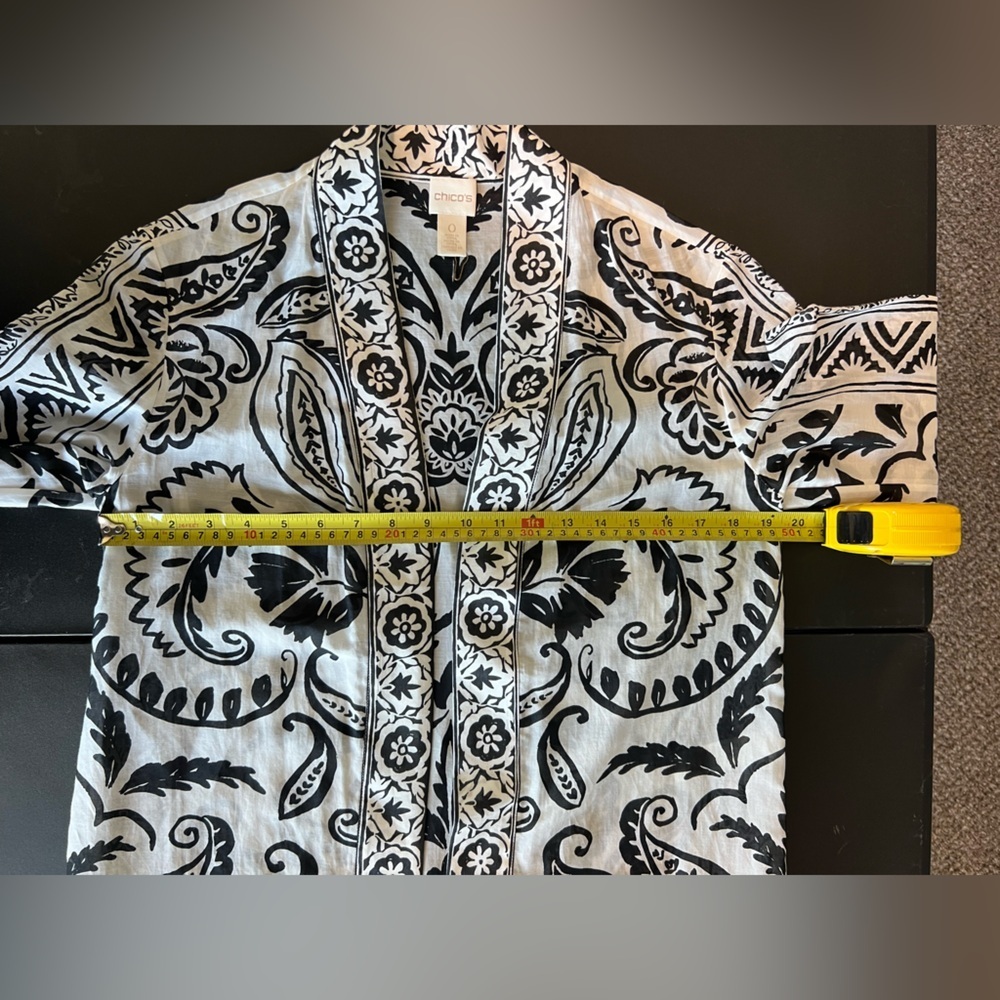 Chico’s Kimono Top in Black/White Pattern Cotton Silk Lightweight - Picture 7 of 8